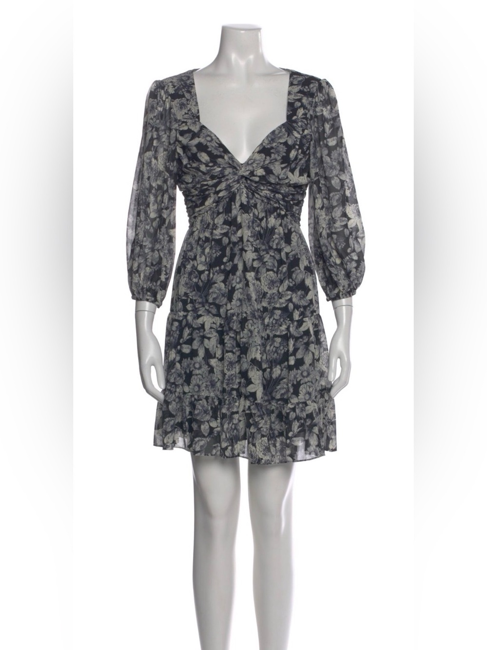 Cinq a Sept Blue and Cream Floral Twist-Front Dress